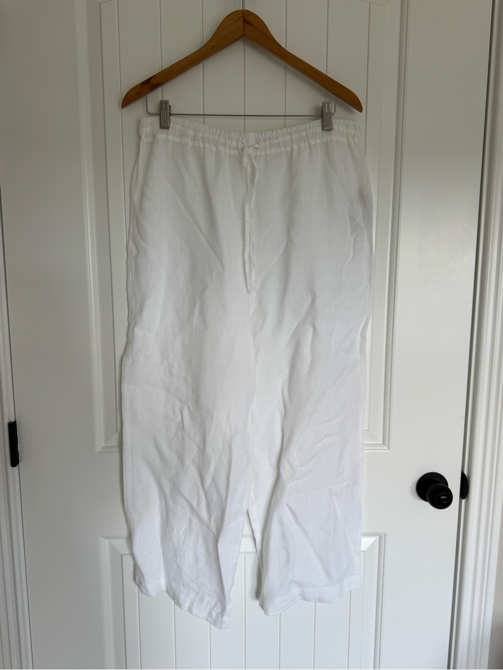 120% Lino White Wide Leg Linen Pants Drawstring Elastic Waist Trousers Large
